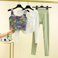 暴走的小鹿 高级感服套装女秋冬花色背心时尚紧身显瘦专业运动跑步瑜伽服 米白长袖+油画彩文胸+叶绿长裤 M