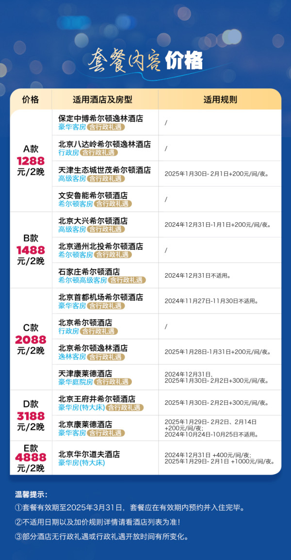 900拿下天津康莱德,支持拆分用!希尔顿集团 京津冀14店2晚通兑套餐(含双早+享行政礼遇)