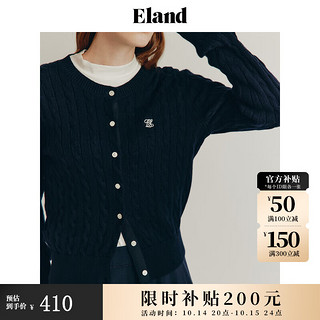 ELAND【含羊绒】衣恋针织衫女复古绞花格雷系撞色条纹毛衣开衫 藏青色(59)Navy M/165