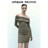 URBAN REVIVO UR2024秋季新款女装法式气质一字肩褶皱长袖连衣裙UWM740008