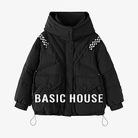 Basic House/百家好小个子拼接短款羽绒服秋冬宽松连帽外套女 黑色 S （85-110斤）