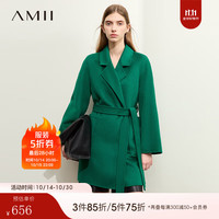 AMII2024冬翻驳领插肩袖配腰带全羊毛双面呢女中长毛呢外套12344376 绿色 160/84A/M