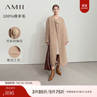 AMII2024冬圆领可拆卸胸花全绵羊毛长款毛呢外套女宽松12444013 驼色 160/84A/M