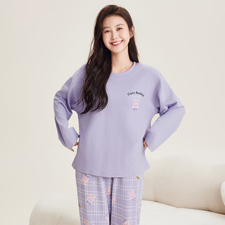 芬腾睡衣女【外穿100%棉】2024年秋季圆领长袖套头兔子家居服套装 紫色 XL