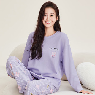 芬腾睡衣女【外穿100%棉】2024年秋季圆领长袖套头兔子家居服套装 紫色 XL