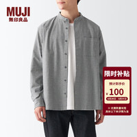 無印良品 MUJI（無印良品 ） 男式 棉水洗牛津 立领衬衫 长袖休闲百搭男士衬衣外套纯棉全棉 白色格纹 M 170/92A