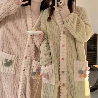 秋冬绒款彩虹开衫套装长款睡裙保暖家居服 套装-绿色 均码(80-140斤) M【80-100斤】