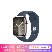 Apple 苹果 Watch Series 9 智能手表 GPS+蜂窝网络款 45mm 银色不锈钢表壳 风暴蓝色橡胶表带 S/M