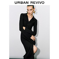 URBAN REVIVO UR2024冬季新款女装法式气质褶皱纽扣长袖连衣裙UWG740238