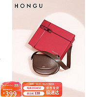 HONGU 红谷 包包女牛皮宽肩带单肩斜挎包马鞍包 H5155125深咖啡