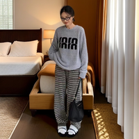 妍凯琳半边绒明星同款MM家居服睡衣套装保暖加绒加厚条纹宽松INS