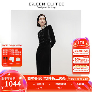 朗姿 欧洲EiLEEN ELITEE2024冬裙子复古丝绒收腰中长款连衣裙 黑色 L