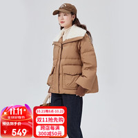 艾莱依(ERAL)翻领羽绒服女仿羊羔毛领短款收腰外套冬 奶咖棕 155【80-110斤】S