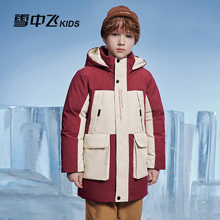 雪中飞儿童羽绒服2024加厚连帽拼色运动中大童户外防风冬装外套 玛瑙红 150cm