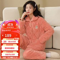香蜜闺秀秋冬【夹棉加厚】睡衣女长袖开衫女士家居服加厚保暖可外出套装女 虾粉 XL