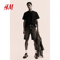 H&M 男装T恤24夏季纯棉修身圆领男士短袖纯色打底衫0685816 黑色 170/92