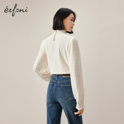 eifini 伊芙丽 绒感蕾丝网纱袖拼接百搭打底衫女2023秋冬新款米色内搭上衣 米白 165/88A/L