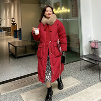 DM100胖mm大码女装90白鸭绒2024冬款大毛领红色中长款羽绒服外套