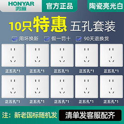 HONYAR 鸿雁 86型暗装大面板五孔插座一开五孔插座10只特惠装开关面板