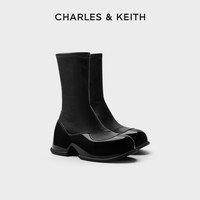 CHARLES&KEITH秋冬女靴CK1-90920129时尚拼接粗跟拉链弹力靴女