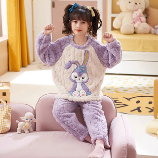 温小影 HELLO YING儿童睡衣家居服加绒加厚女童珊瑚绒睡衣冬季可爱提花 粉色琳娜贝尔 100cm
