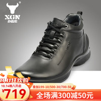 XGN 小公牛男鞋时尚潮头层牛皮高帮休闲旅游鞋英伦风皮靴户外中帮靴子 奥特黑色 39