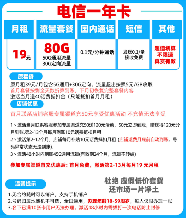 CHINA TELECOM 中国电信 一年卡 1年19元月租(80G不限速流量+首月免费)送30元现金红包