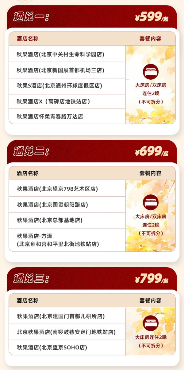 都是好地段,重点关注环球影城边的一家,周末不加价!秋果集团 北京12店 2晚连住通兑(含精简下午茶一次)