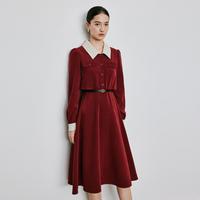 红色细灯芯绒连衣裙女2024年春季赫本风新年战袍裙子