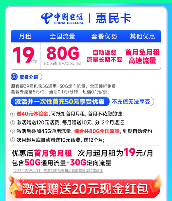 CHINA TELECOM 中国电信 惠民卡 首年19元月租(自动返费+80G全国流量+首月免月租+畅享5G)激活送20元红包