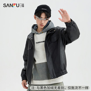 SANFU 三福 2024冬季新款男士复古朋克加绒皮衣夹克宽松翻领外套男490346