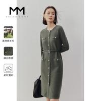 MM麦檬春通勤圆领烟灰羊毛针织连衣裙女