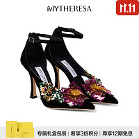 JIMMY CHOO 周仰杰 Azara 100花卉贴花天鹅绒高跟鞋 P00880134 黑色 CN 37