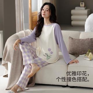【甜美撞色】秋季睡衣女士家居服100%纯棉柔软舒适可外穿睡衣