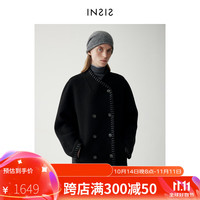 INSISFEMME 秋北欧文艺风真皮包边羊毛羊绒毛呢外套大衣