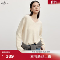 伊芙丽(eifini)【100%绵羊毛】伊芙丽V领波点蕾丝拼接针织套头毛衣2024秋 米白发 160/85CM/M