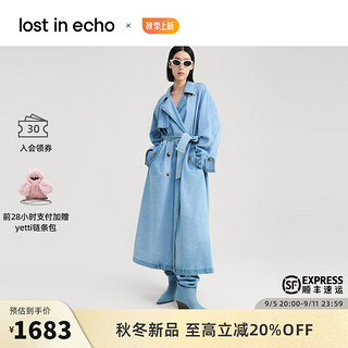 lost in echo2024秋季高级休闲双排牛角扣牛仔长款风衣外套女 水洗浅蓝 S