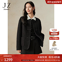 Juzui 玖姿 ·安娜蔻新中式风盘扣圆领宽松羊毛双面呢大衣女2024冬季 素黑 M