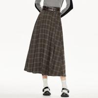 冬复古格纹半身裙西装料梭织收褶A字半身裙女款