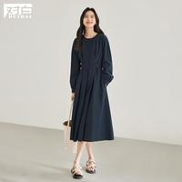 2024春秋装温婉腰间收褶显瘦女式圆领长袖长款连衣裙