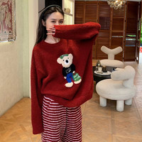 娜扎半边绒秋冬熊熊的得意加绒加厚套头套装家居服睡衣