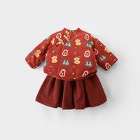 女童拜年服套装国风汉服裙两件套秋冬季加厚保暖棉服宝宝分体衣服