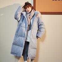 唐狮 TONLION冬季羽绒服女韩版可脱卸仿貉子毛领净色超长款羽绒服