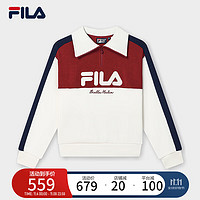 FILA 斐乐 官方女子套头卫衣2024冬新款休闲宽松拼色针织翻领上衣 鲜乳白-IV 165/84A/M