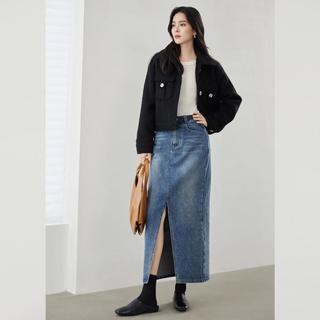 冬装简约通勤简约干练衬衫式翻领撞色扣外套女式短款大衣