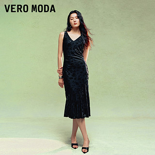 VERO MODA 连衣裙2024秋季新款V领无袖植绒复古印花小黑裙时尚优雅