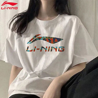 LI-NING 李宁 短袖T恤男女同款春夏季新款宽松圆领纯棉半袖薄款情侣运动服