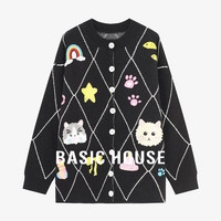 百家好（Basic House）Basic House/百家好慵懒风卡通动物刺绣毛衣秋冬圆领菱格开衫外套 黑色 均码