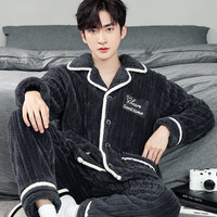 雅鹿男士睡衣秋冬季2024加厚加绒保暖珊瑚绒法兰绒家居服套装 NSLIG-碳黑绣花 XL(120-140斤)