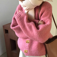 薇靡雅 WEIMIYA秋装黄色开衫毛衣女宽松外穿温柔风日系2024春秋针织衫外套女 1616玫红 均码